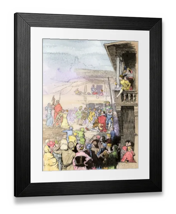 Framed Print : Itinerant actors performing in an inn yard, Elizabethan England Framed Print : Itinerant actors performing in an inn yard, Elizabethan England