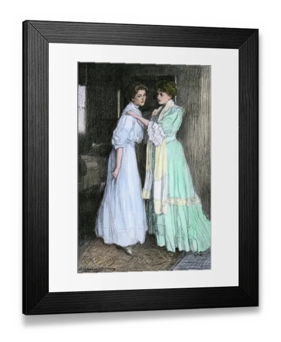 Framed Print : Two young women talking, about 1900 Framed Print : Two young women talking, about 1900