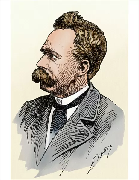 Nietzsche. Friedrich Nietzsche.. Digitally colored woodcut