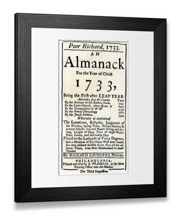 Framed Print : Title page of Benjamin Franklins Poor Richards Almanack Framed Print : Title page of Benjamin Franklins Poor Richards Almanack