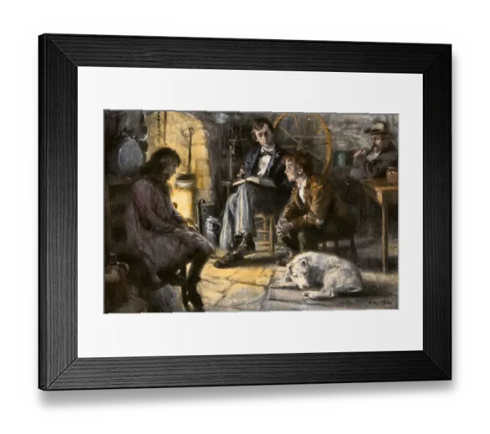 Framed Print : Frontier father reading to his children by firelight Framed Print : Frontier father reading to his children by firelight