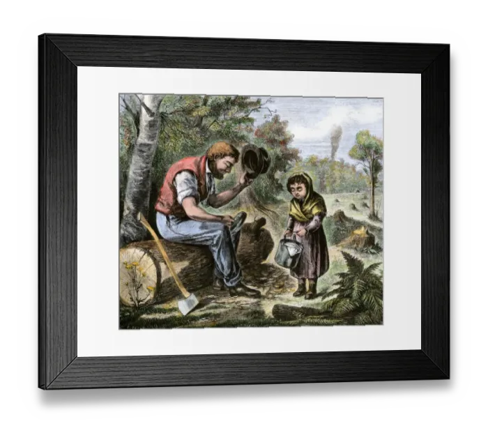 Framed Print : Frontier father getting lunch from his daughter Framed Print : Frontier father getting lunch from his daughter