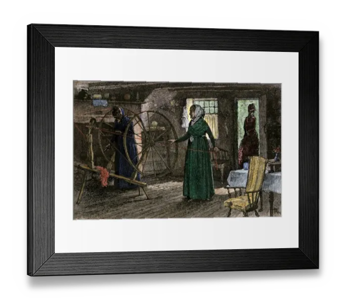 Framed Print : Women spinning with large wheels, 1800s Framed Print : Women spinning with large wheels, 1800s
