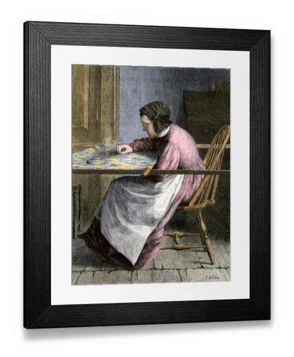 Framed Print : Woman stitching a patchwork quilt, 1800s