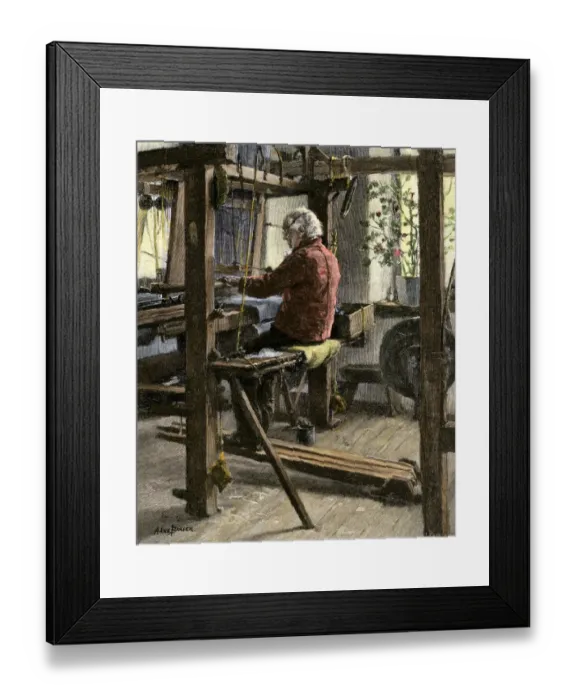 Framed Print : Man weaving on a large hand-loom Framed Print : Man weaving on a large hand-loom