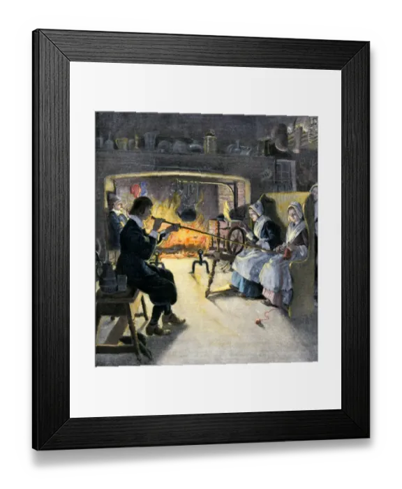 Framed Print : Courtship using a whispering rod on Halloween in colonial days Framed Print : Courtship using a whispering rod on Halloween in colonial days