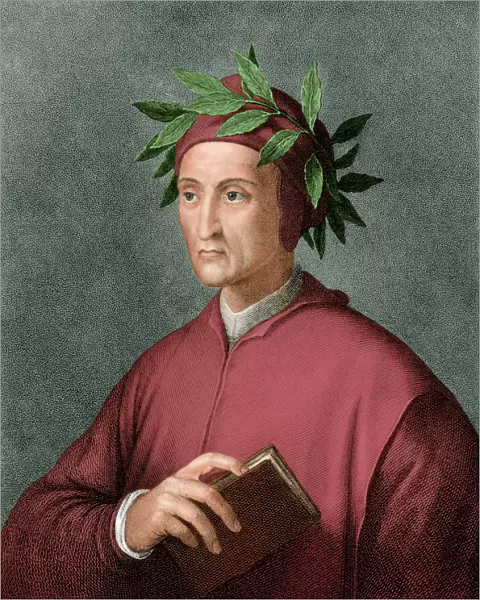Dante. Renaissance poet Dante Aligheri crowned with laurel.. Digitally colored engraving