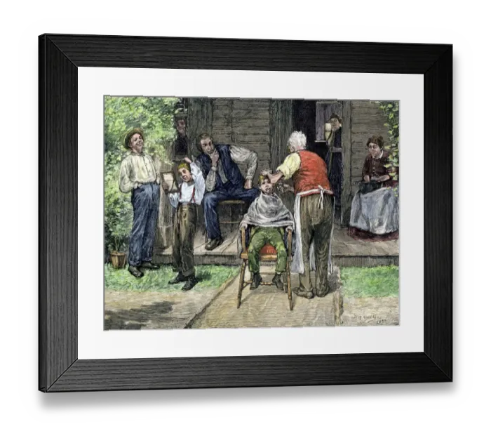Framed Print : Village boys getting haircuts, 1800s