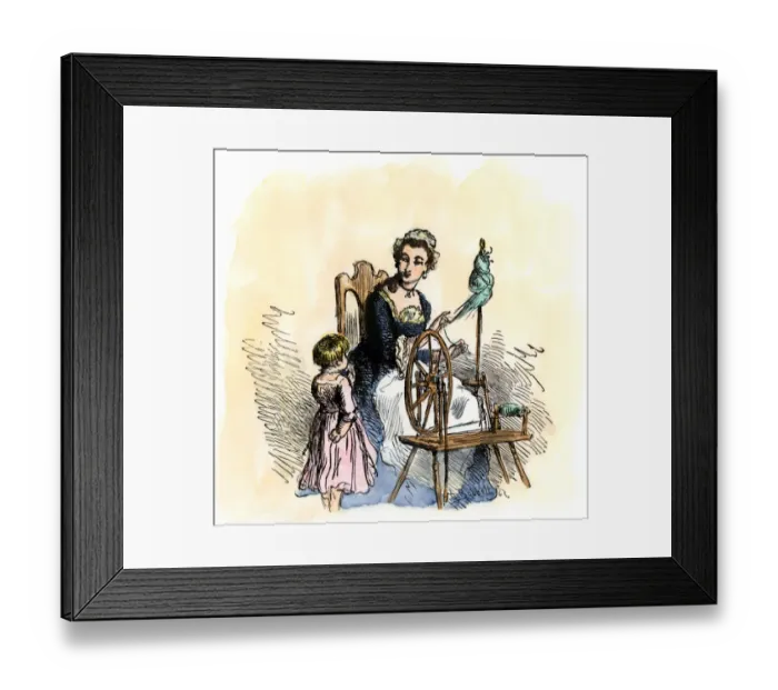Framed Print : Patriotic American colonial woman spinning to avoid importing British cloth Framed Print : Patriotic American colonial woman spinning to avoid importing British cloth