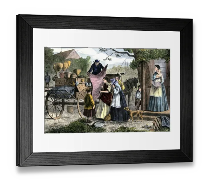 Framed Print : Peddler showing his wares to a farm family