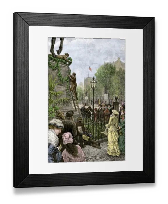Framed Print : Festooning a Civil War memorial statue on Decoration Day in New York City Framed Print : Festooning a Civil War memorial statue on Decoration Day in New York City