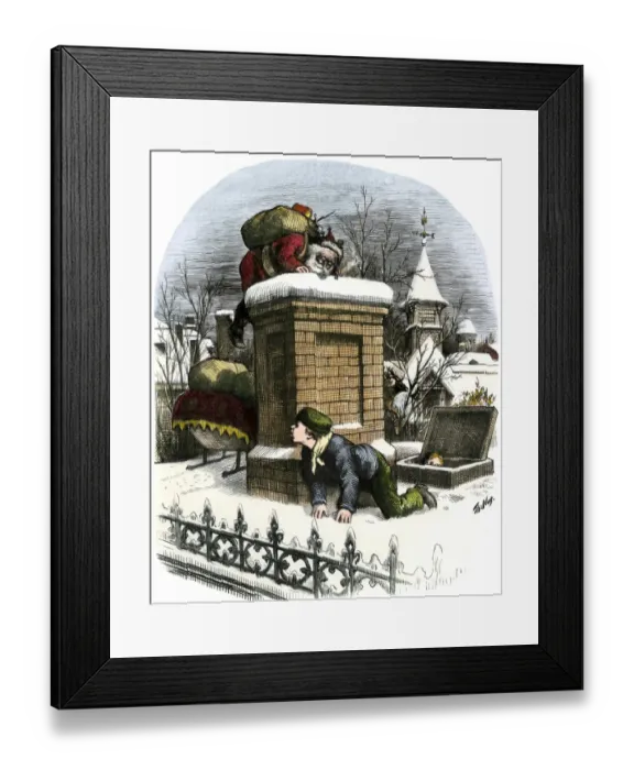 Framed Print : Santa Claus on a rooftop hiding from a boy Framed Print : Santa Claus on a rooftop hiding from a boy