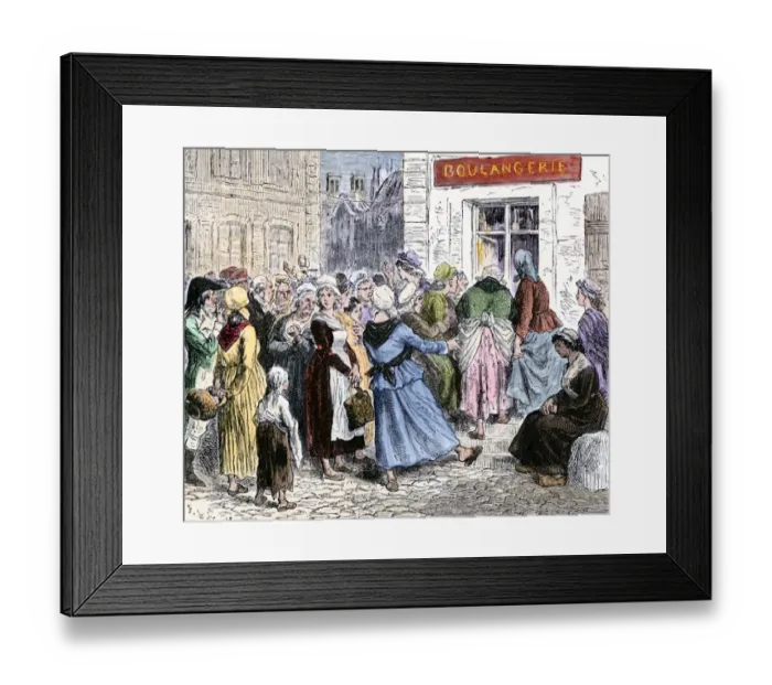 Framed Print : Crowd of angry women at the door of a bakery during the French Revolution Framed Print : Crowd of angry women at the door of a bakery during the French Revolution