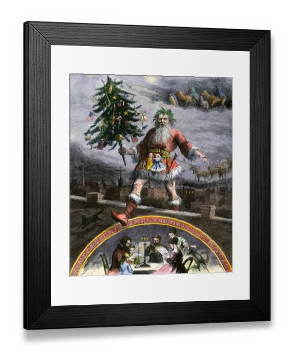 Framed Print : Santa Claus on a rooftop carrying a decorated Christmas tree Framed Print : Santa Claus on a rooftop carrying a decorated Christmas tree
