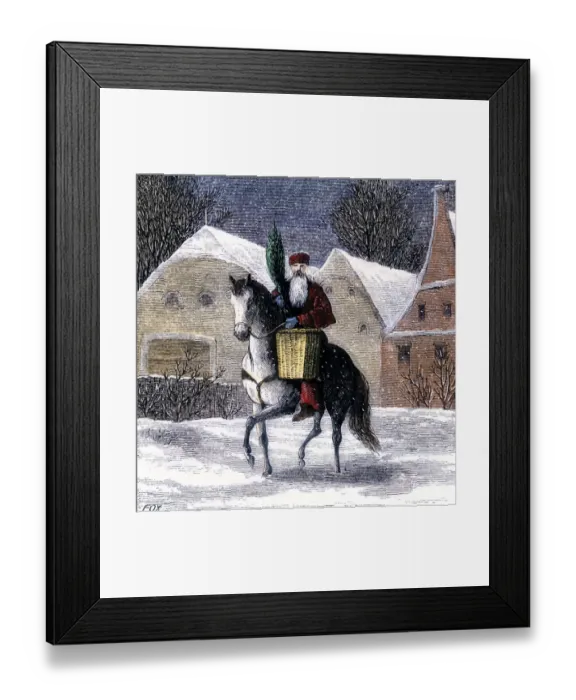 Framed Print : Saint Nicholas riding into a village carrying a basket and an evergreen bough Framed Print : Saint Nicholas riding into a village carrying a basket and an evergreen bough