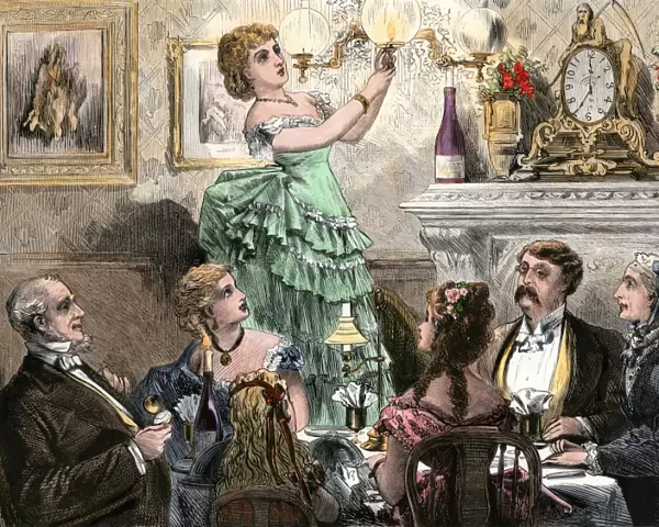 Lighting the gas lamps for a dinner party, 1800s