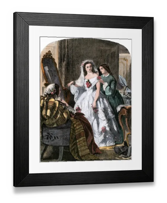 Framed Print : Final touches to the brides wedding gown, 1850s Framed Print : Final touches to the brides wedding gown, 1850s