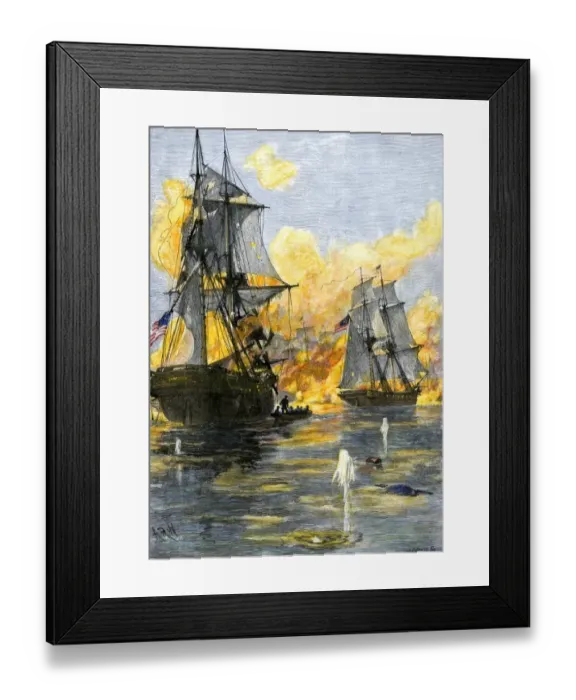 Framed Print : US fleet of Oliver H Perry during his naval victory over the British on Lake