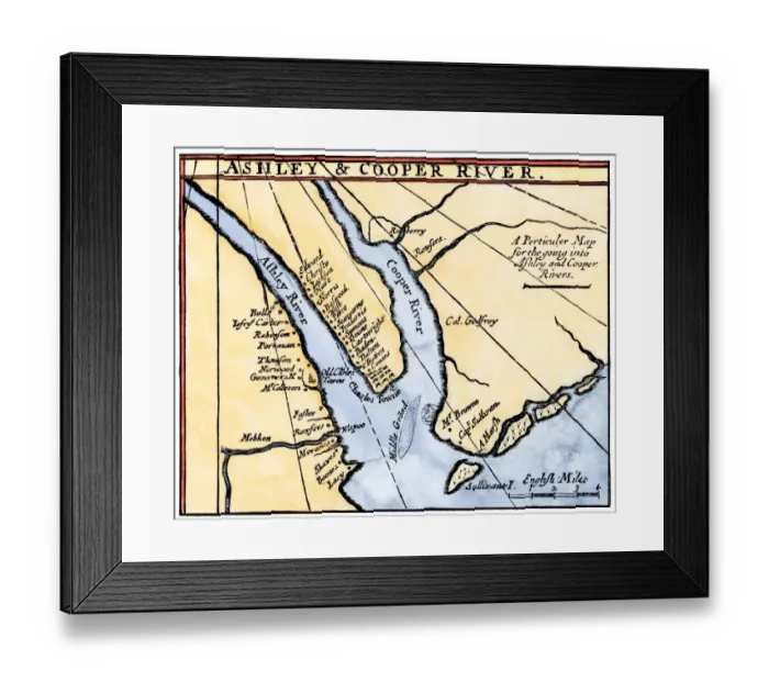 Framed Print : Map of colonial Charleston, South Carolina, 1600s Framed Print : Map of colonial Charleston, South Carolina, 1600s