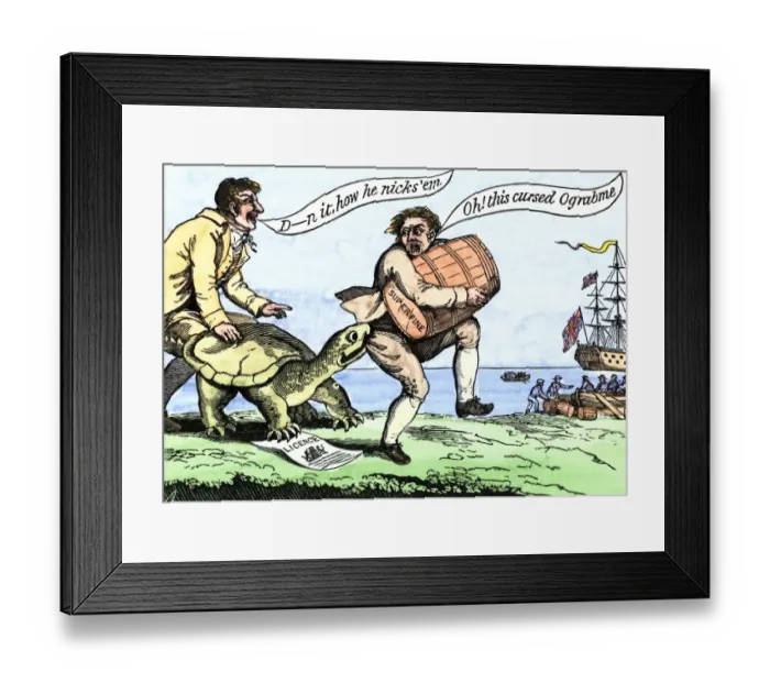 Framed Print : Cartoon protesting Jeffersons trade embargo, 1807 Framed Print : Cartoon protesting Jeffersons trade embargo, 1807
