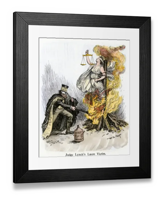 Framed Print : Judge Lynch burning justice, cartoon of 1901 Framed Print : Judge Lynch burning justice, cartoon of 1901