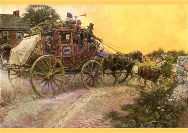 Stagecoach approaching a village on the post road