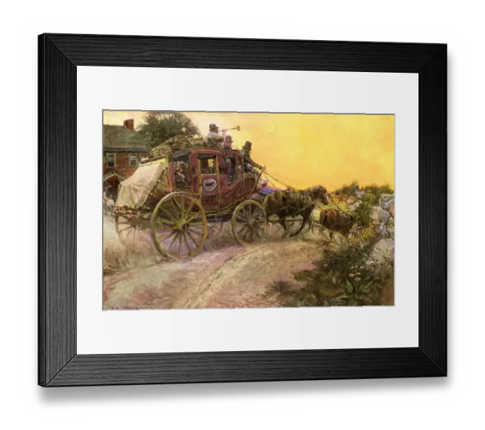 Framed Print : Stagecoach approaching a village on the post road Framed Print : Stagecoach approaching a village on the post road