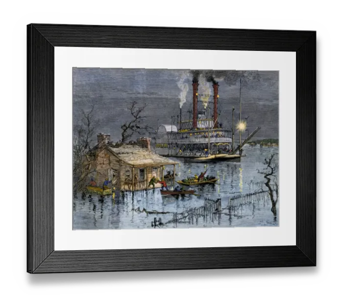 Framed Print : Rescue of flood victims on the Mississippi River, 1800s Framed Print : Rescue of flood victims on the Mississippi River, 1800s