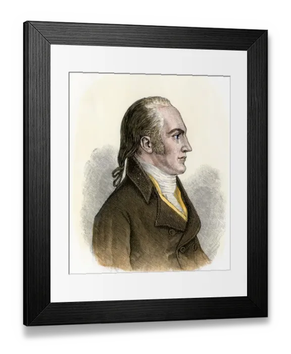 Framed Print : Aaron Burr. Hand-colored woodcut of a 19th-century illustration Framed Print : Aaron Burr. Hand-colored woodcut of a 19th-century illustration