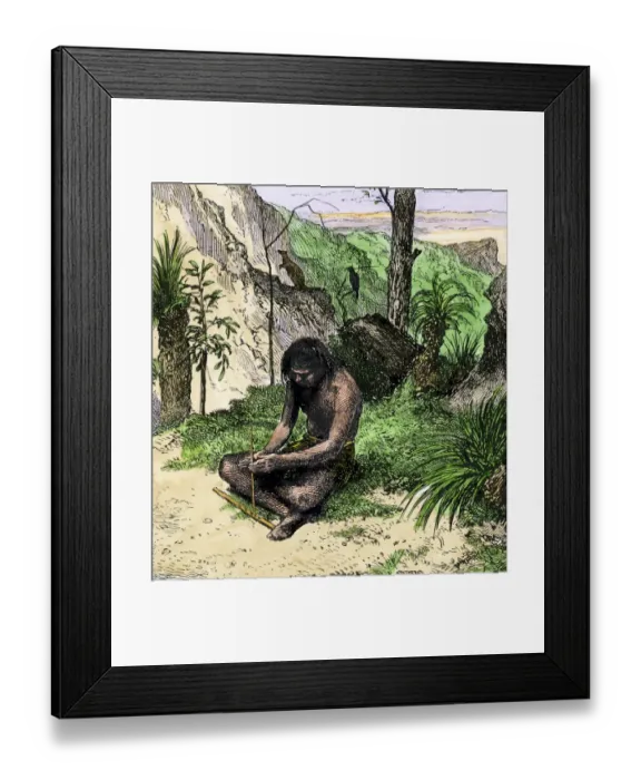 Framed Print : Aborigine kindling fire by twirling a stick for friction Framed Print : Aborigine kindling fire by twirling a stick for friction