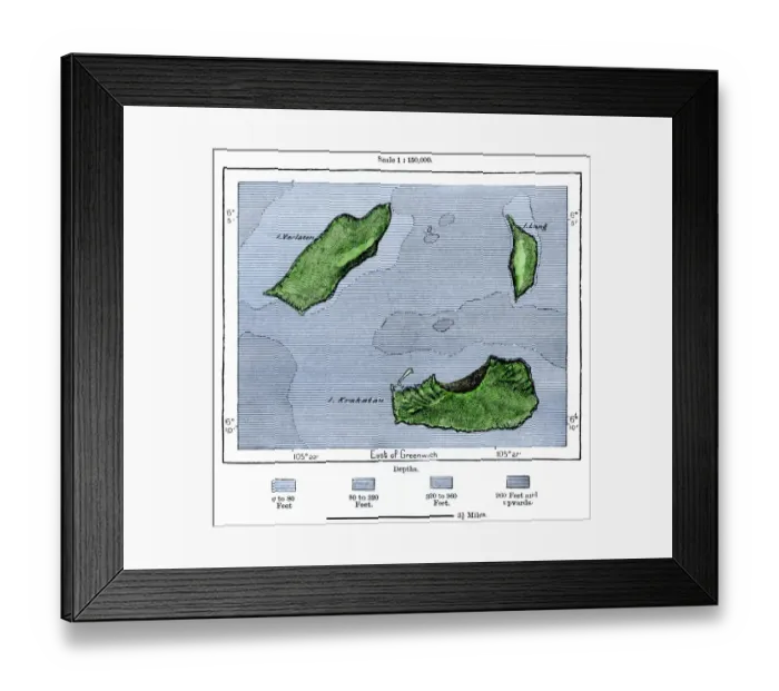 Framed Print : Krakatoa and neighboring islets after the volcanic eruption of 1883 Framed Print : Krakatoa and neighboring islets after the volcanic eruption of 1883