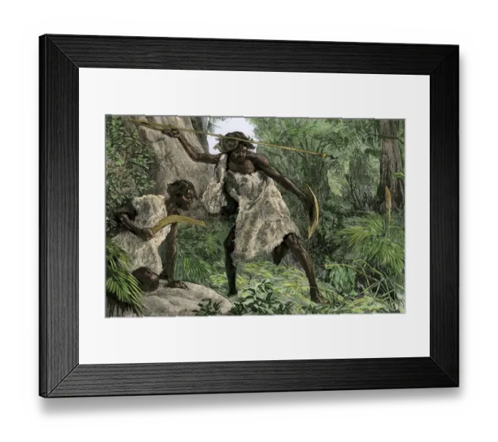 Framed Print : Aborigine hunters using an atlatl and a boomerang in an Australian forest Framed Print : Aborigine hunters using an atlatl and a boomerang in an Australian forest