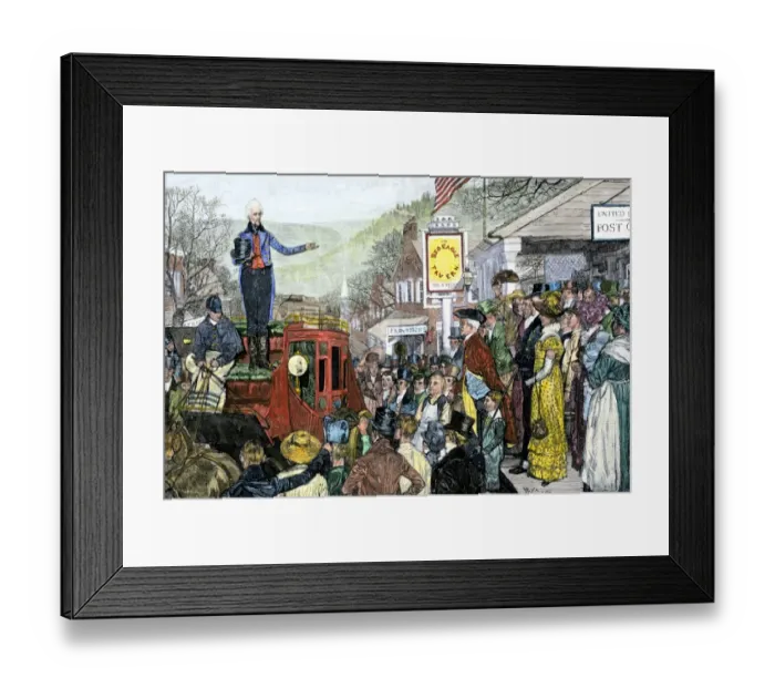 Framed Print : President-Elect Andrew Jackson making a speech at a stage stop on his way to Framed Print : President-Elect Andrew Jackson making a speech at a stage stop on his way to