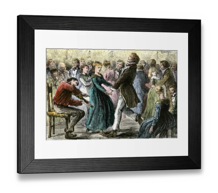 Framed Print : Couples dancing to music of a fiddler at a rural hoedown Framed Print : Couples dancing to music of a fiddler at a rural hoedown