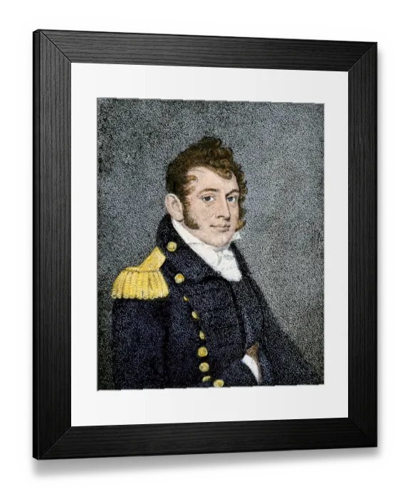 Framed Print : Oliver Hazard Perry. Hand-colored woodcut of a 19th-century portrait Framed Print : Oliver Hazard Perry. Hand-colored woodcut of a 19th-century portrait