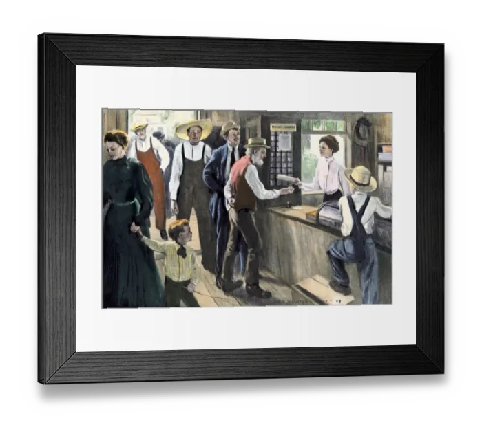 Framed Print : Meeting the new postmistress, early 1900s Framed Print : Meeting the new postmistress, early 1900s