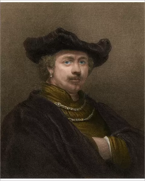 Rembrandt. Portrait of artist Rembrandt.. Digitally colored engraving of a self-portrait