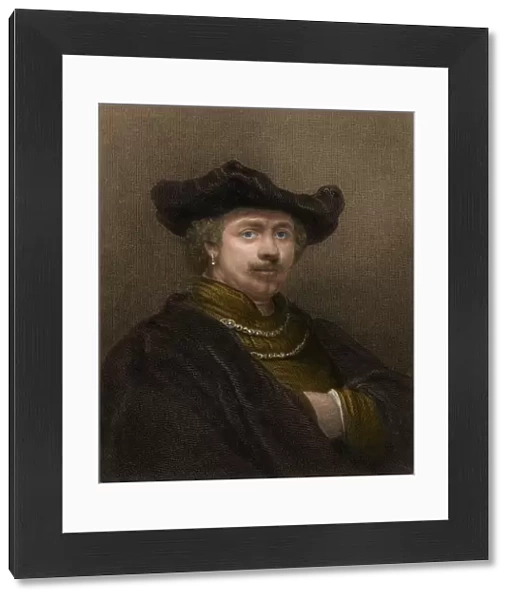 Rembrandt. Portrait of artist Rembrandt.. Digitally colored engraving of a self-portrait