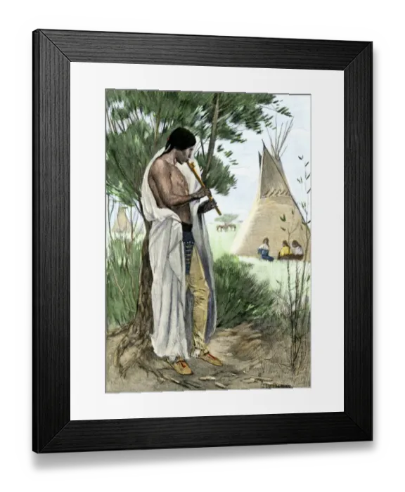 Framed Print : Native American playing a flute to young women in a prairie village Framed Print : Native American playing a flute to young women in a prairie village