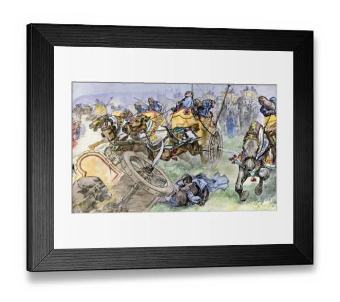 Framed Print : Charge of the Persians scythe chariots against the army of Alexander the Great Framed Print : Charge of the Persians scythe chariots against the army of Alexander the Great