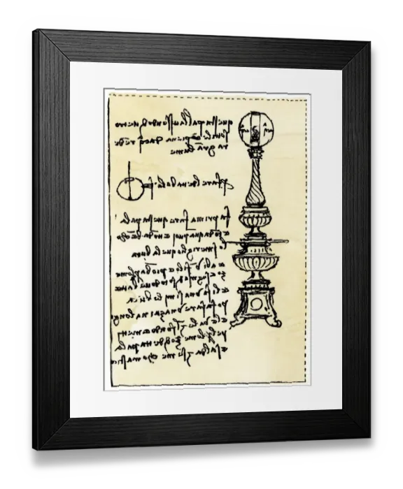 Framed Print : Leonardo da Vincis backward handwriting on his design for a lamp using a globe Framed Print : Leonardo da Vincis backward handwriting on his design for a lamp using a globe