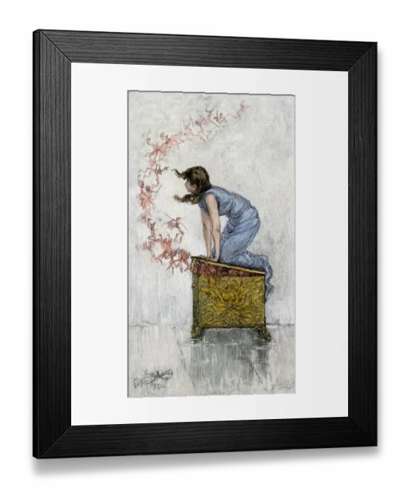 Framed Print : Pandora atop the opened box of evils