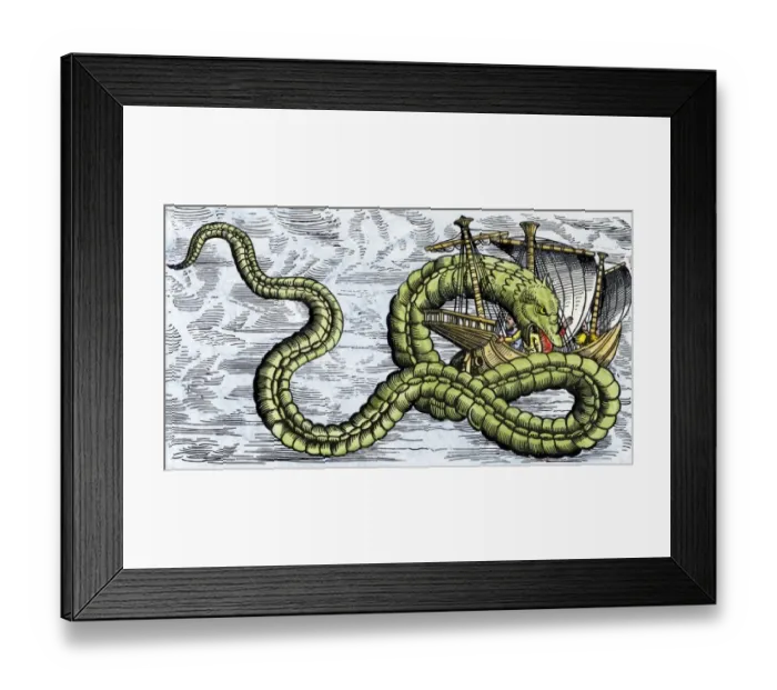 Framed Print : Ship attacked by a sea serpent in the Sea of Darkness Framed Print : Ship attacked by a sea serpent in the Sea of Darkness