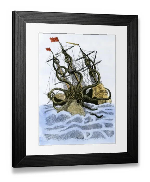 Framed Print : Giant octopus attacking a sailing-ship Framed Print : Giant octopus attacking a sailing-ship