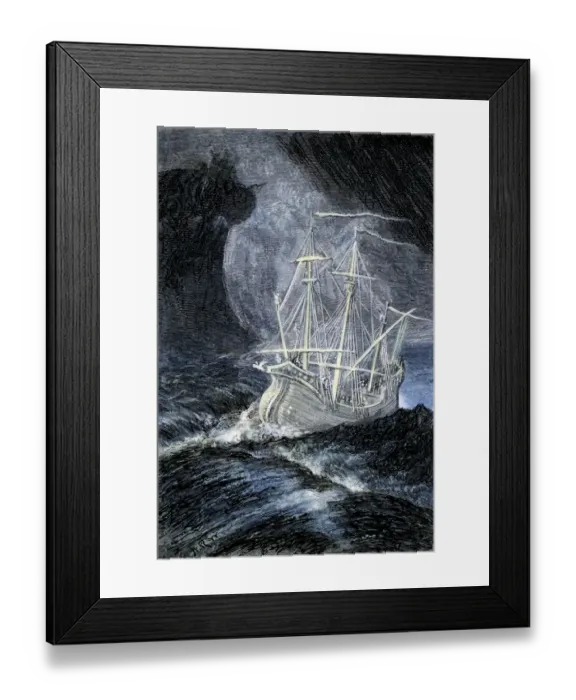 Framed Print : Ghost-ship in a storm. Hand-colored woodcut of a 19th-century illustration