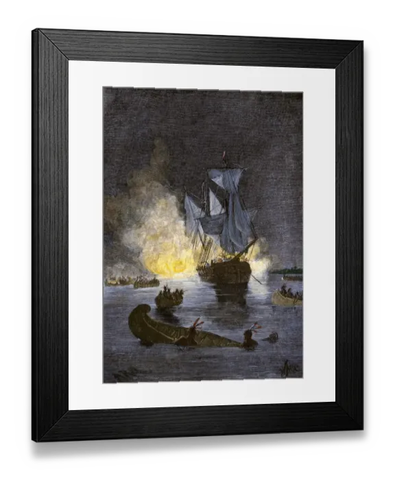 Framed Print : Native Americans burning a schooner in the Detroit River at night during Framed Print : Native Americans burning a schooner in the Detroit River at night during