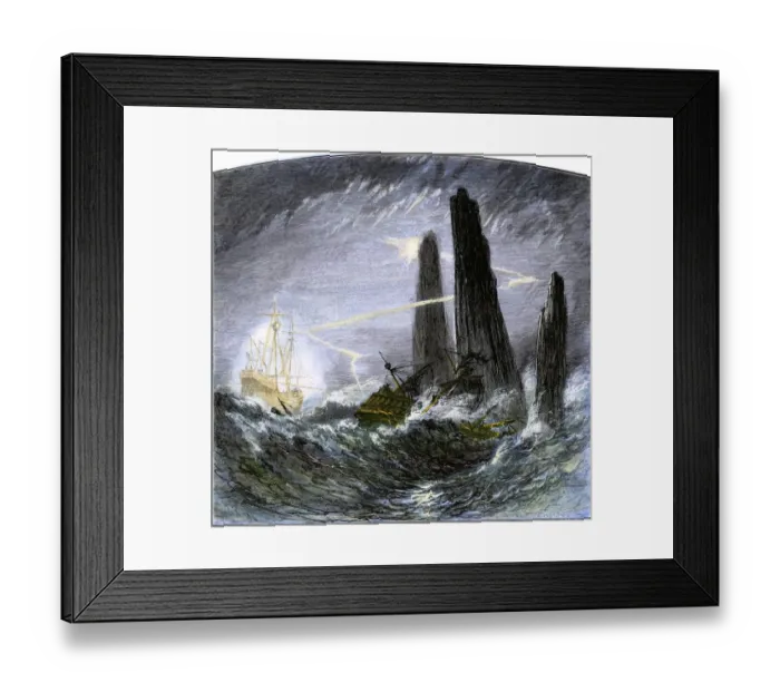Framed Print : Phantom ship luring a sailing vessel to its doom on the rocks Framed Print : Phantom ship luring a sailing vessel to its doom on the rocks