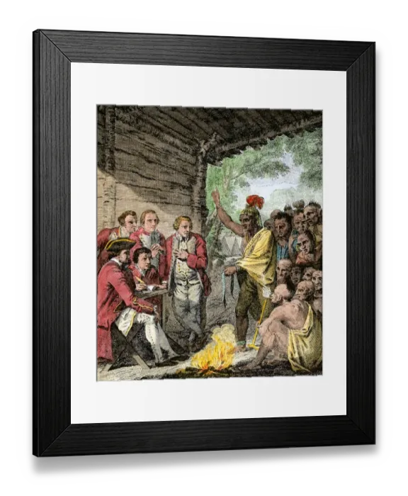 Framed Print : British General Henry Bouquets council with Native Americans during Pontiacs Framed Print : British General Henry Bouquets council with Native Americans during Pontiacs