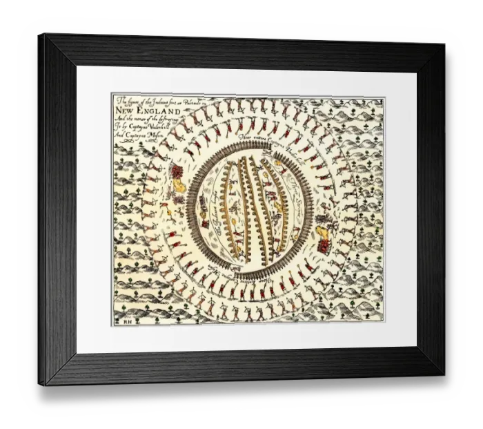 Framed Print : Colonial forces under Captain Mason destroy the principal Pequot Indian village Framed Print : Colonial forces under Captain Mason destroy the principal Pequot Indian village