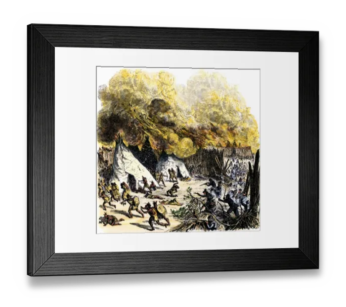 Framed Print : Captain Masons attack on the Pequots fortified village